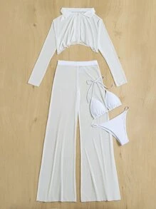 Swim Chiccia 女式夏季海滩透明比基尼套装吊带三角胸罩和丁字裤和罩衫和裤子 4 件套泳衣度假装女士 - 白色 - 查看 4