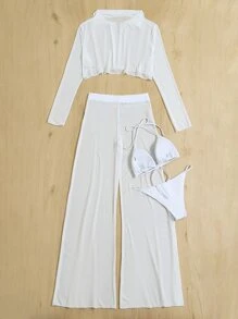 Swim Chiccia 女式夏季海滩透明比基尼套装吊带三角胸罩和丁字裤和罩衫和裤子 4 件套泳衣度假装女士 - 白色 - 查看 5