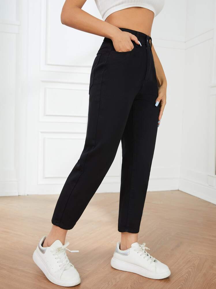 SHEIN PETITE Knapp Ficka Dragkedja Slätt Jeans - Svart - Visa 4