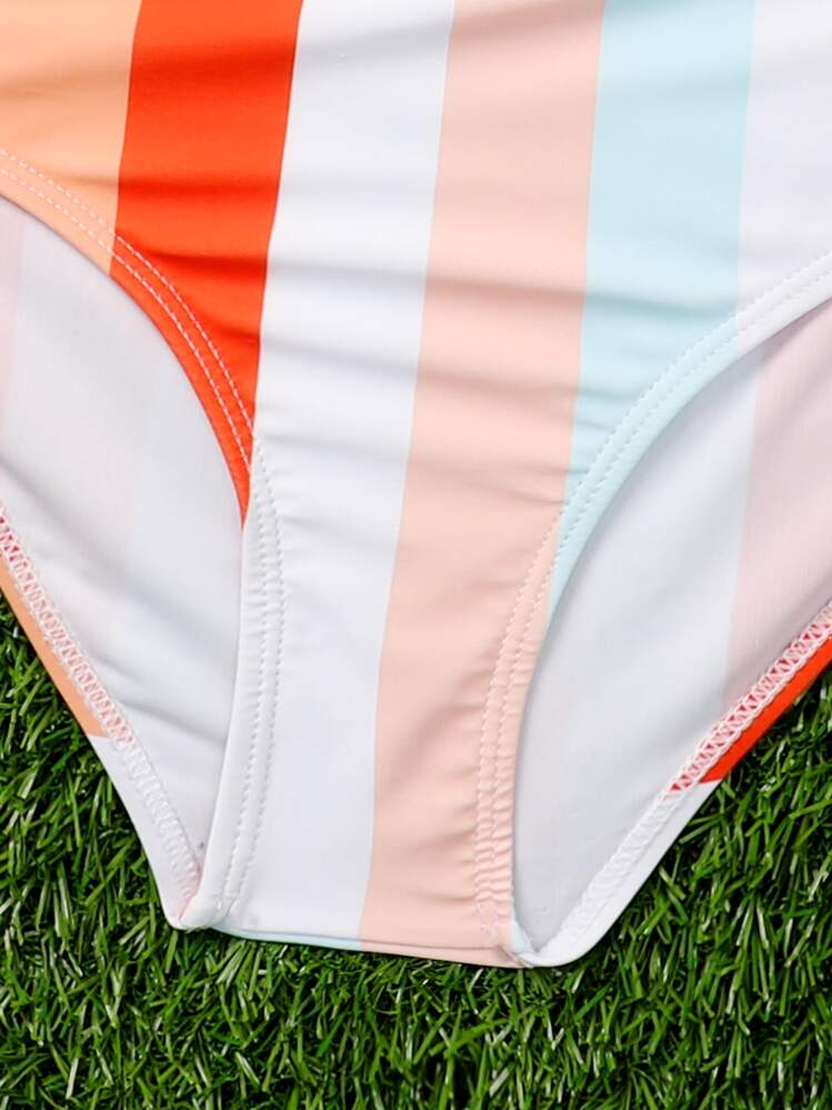 Tween Girl Colorblock Tape Detail Bikini Set Summer Beach - Orange - View 4