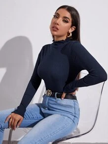 SHEIN EZwear Lettuce Trim Rib-knit Top - Navy Blue - View 1