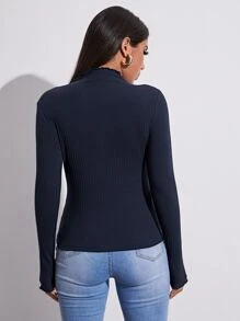 SHEIN EZwear Lettuce Trim Rib-knit Top - Navy Blue - View 2