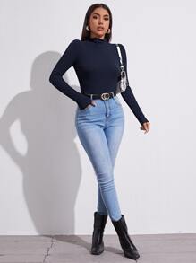 SHEIN EZwear Lettuce Trim Rib-knit Top - Navy Blue - View 3