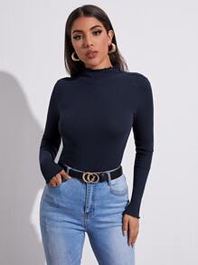SHEIN EZwear Lettuce Trim Rib-knit Top - Navy Blue - View 4