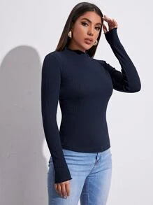 SHEIN EZwear Lettuce Trim Rib-knit Top - Navy Blue - View 5