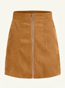 SHEIN Privé O-ring Zip Front Corduroy Straight Skirt - Camel - View 1
