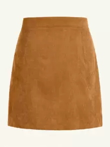SHEIN Privé O-ring Zip Front Corduroy Straight Skirt - Camel - View 2