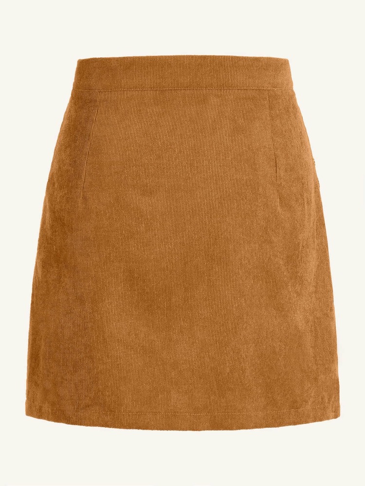SHEIN Privé O-ring Zip Front Corduroy Straight Skirt - Camel - View 2