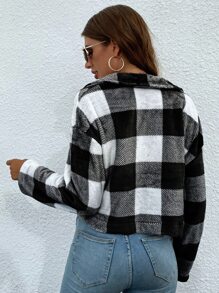 SHEIN Essnce Buffalo Plaid Pattern Drop Shoulder Crop Flannel Jacket In Fall/Winter - Black and White - View 2