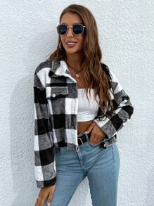 SHEIN Essnce Buffalo Plaid Pattern Drop Shoulder Crop Flannel Jacket In Fall/Winter - Black and White - View 4
