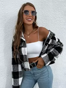 SHEIN Essnce Buffalo Plaid Pattern Drop Shoulder Crop Flannel Jacket In Fall/Winter - Black and White - View 5