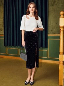 SHEIN Privé 絲絨高衩半身裙 - 黑色 - 查看 7