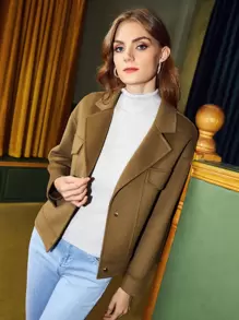 SHEIN Unity Woolen Drop Shoulder Overcoat - Khaki - View 3