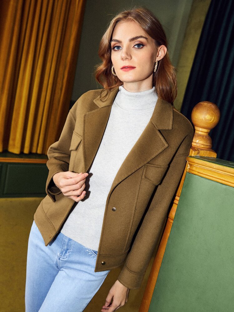 SHEIN Unity 毛織品落肩袖花呢外套 - 卡其色 - 查看 3