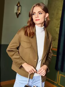 SHEIN Unity Woolen Drop Shoulder Overcoat - Khaki - View 4