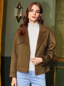 SHEIN Unity Woolen Drop Shoulder Overcoat - Khaki - View 6