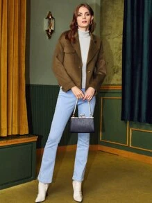 SHEIN Unity Woolen Drop Shoulder Overcoat - Khaki - View 10