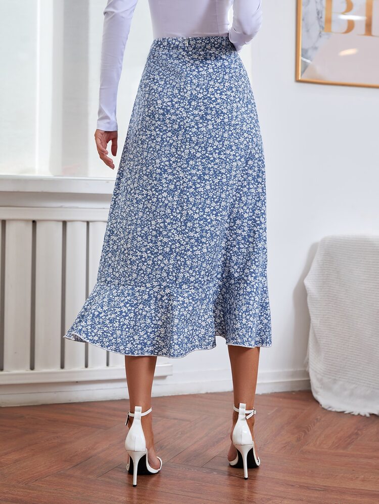 Chiquease 碎花木耳邊荷葉邊半身裙 - 藍白色 - 查看 2