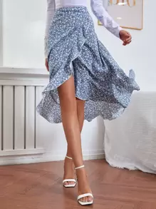 Chiquease 碎花木耳邊荷葉邊半身裙 - 藍白色 - 查看 3