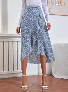 Chiquease 碎花木耳邊荷葉邊半身裙 - 藍白色 - 查看 4