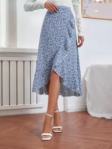 Chiquease 碎花木耳邊荷葉邊半身裙 - 藍白色 - 查看 5