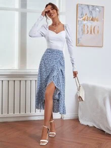 Chiquease 碎花木耳邊荷葉邊半身裙 - 藍白色 - 查看 6