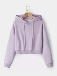 INAWLY Solid Drawstring Crop Thermal Lined Hoodie - Dusty Purple - View 1