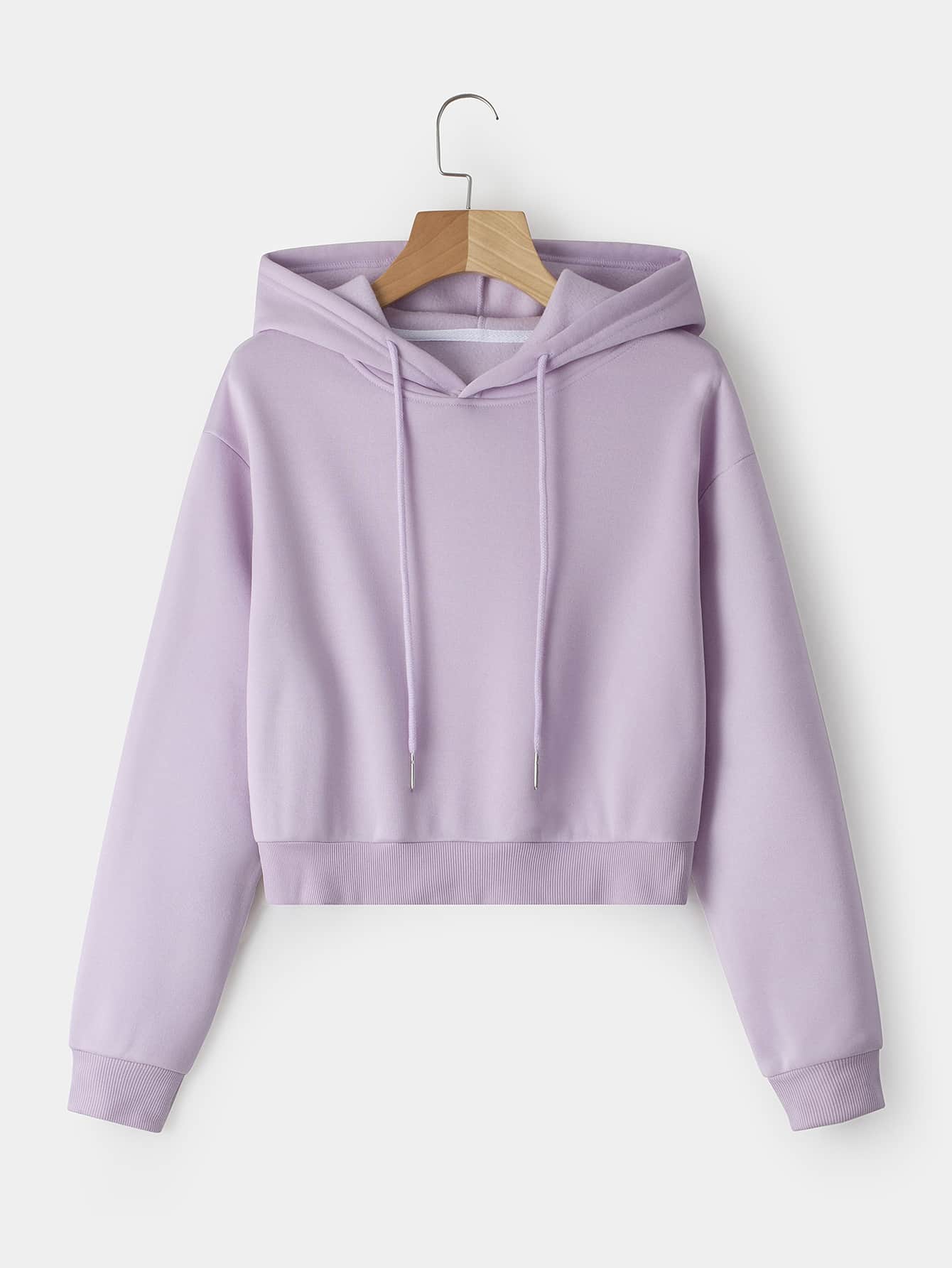 INAWLY Solid Drawstring Crop Thermal Lined Hoodie - Dusty Purple - View 1