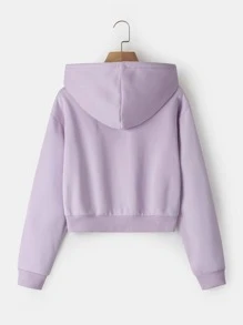 INAWLY Solid Drawstring Crop Thermal Lined Hoodie - Dusty Purple - View 2