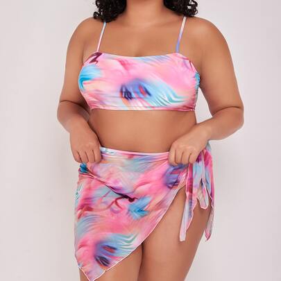 3pack Plus Tie Dye Bikini Swimsuit & Beach Skirt