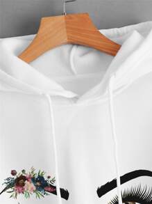 INAWLY Floral And Figure Graphic Drop Shoulder Drawstring Crop Thermal Lined Hoodie Graduation,Back To School Outfits,Graduation,Teacher Outfits For Women,Back To School Pullover Fall Outfit - White - View 3