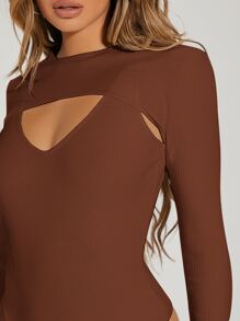 SHEIN Rib-knit Tank Bodysuit With Super Crop Top - Brown - View 3