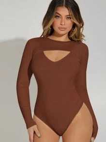 SHEIN Rib-knit Tank Bodysuit With Super Crop Top - Brown - View 4