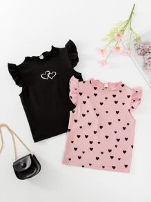 SHEIN Young Girl 2pcs Heart Print Ruffle Trim Tank Top - Multicolor - View 1
