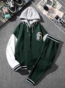 Manfinity Bộ hai mảnh Nam Túi Nút phía trước Khối Màu Lá thư Sẵn sàng - Màu xanh lá cây đậm - Xem 1