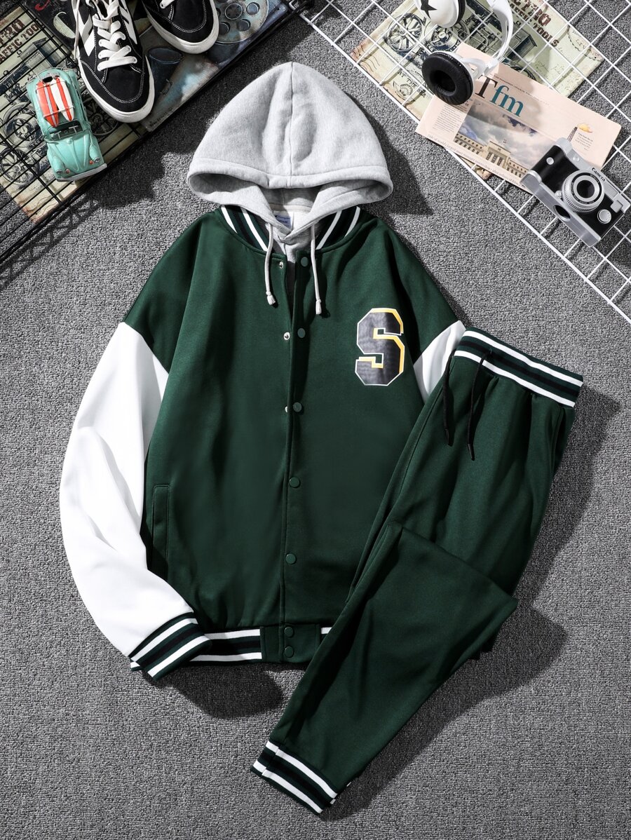 Manfinity Bộ hai mảnh Nam Túi Nút phía trước Khối Màu Lá thư Sẵn sàng - Màu xanh lá cây đậm - Xem 1