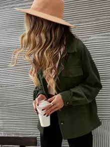 SHEIN LUNE Chaqueta de pana con bolsillo de solapa y hombros caídos, chaqueta de mujer informal de primavera/otoño con botones, bolsillos, hombros caídos, cuello, verde sobresizada y llana para uso diario casual - Verde militar - Ver 1