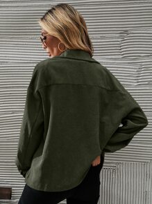 SHEIN LUNE Chaqueta de pana con bolsillo de solapa y hombros caídos, chaqueta de mujer informal de primavera/otoño con botones, bolsillos, hombros caídos, cuello, verde sobresizada y llana para uso diario casual - Verde militar - Ver 2