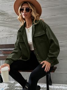 SHEIN LUNE Chaqueta de pana con bolsillo de solapa y hombros caídos, chaqueta de mujer informal de primavera/otoño con botones, bolsillos, hombros caídos, cuello, verde sobresizada y llana para uso diario casual - Verde militar - Ver 4
