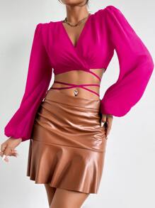 SHEIN ChicEase 燈籠袖交叉後綁帶襯衫 - 玫紅色 - 查看 3