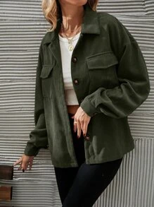 SHEIN LUNE Chaqueta de pana con bolsillo de solapa y hombros caídos, chaqueta de mujer informal de primavera/otoño con botones, bolsillos, hombros caídos, cuello, verde sobresizada y llana para uso diario casual - Verde militar - Ver 5