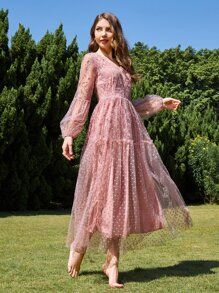 Modelyn Floral Embroidered Lantern Sleeve Ruffle Hem Dobby Mesh Dress With Belt - Dusty Pink - View 1