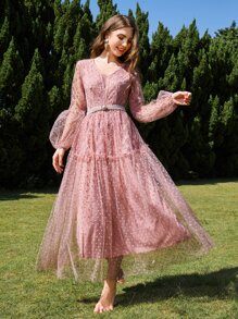 Modelyn Floral Embroidered Lantern Sleeve Ruffle Hem Dobby Mesh Dress With Belt - Dusty Pink - View 5