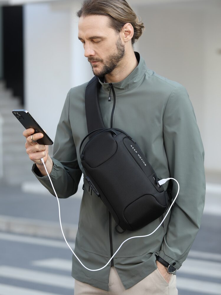 Mini Men Letter Graphic Sling Bag Chest Bag - Black - View 1