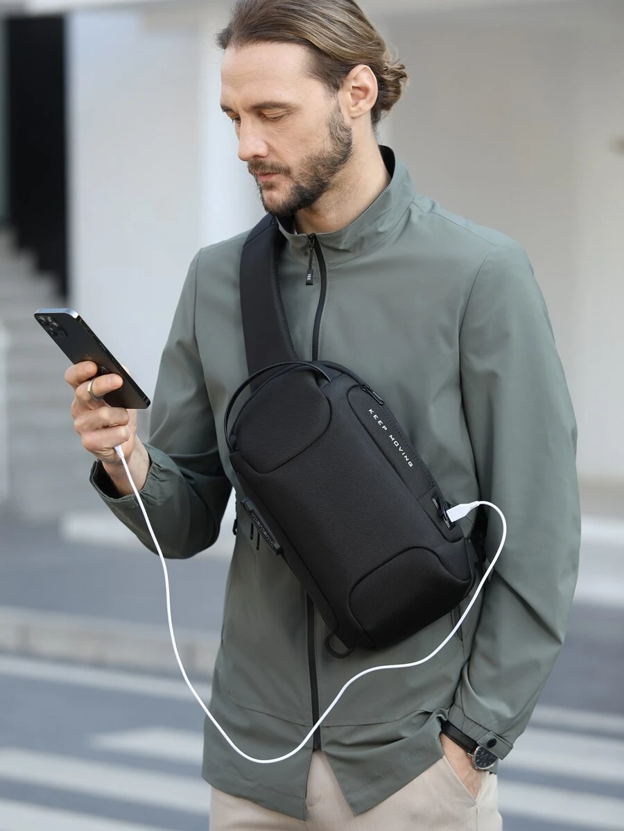 Mini Men Letter Graphic Sling Bag Chest Bag - Black - View 1