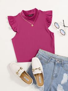 SHEIN Essnce Solid Rib Knit Ruffle Trimed Top - Hot Pink - View 1
