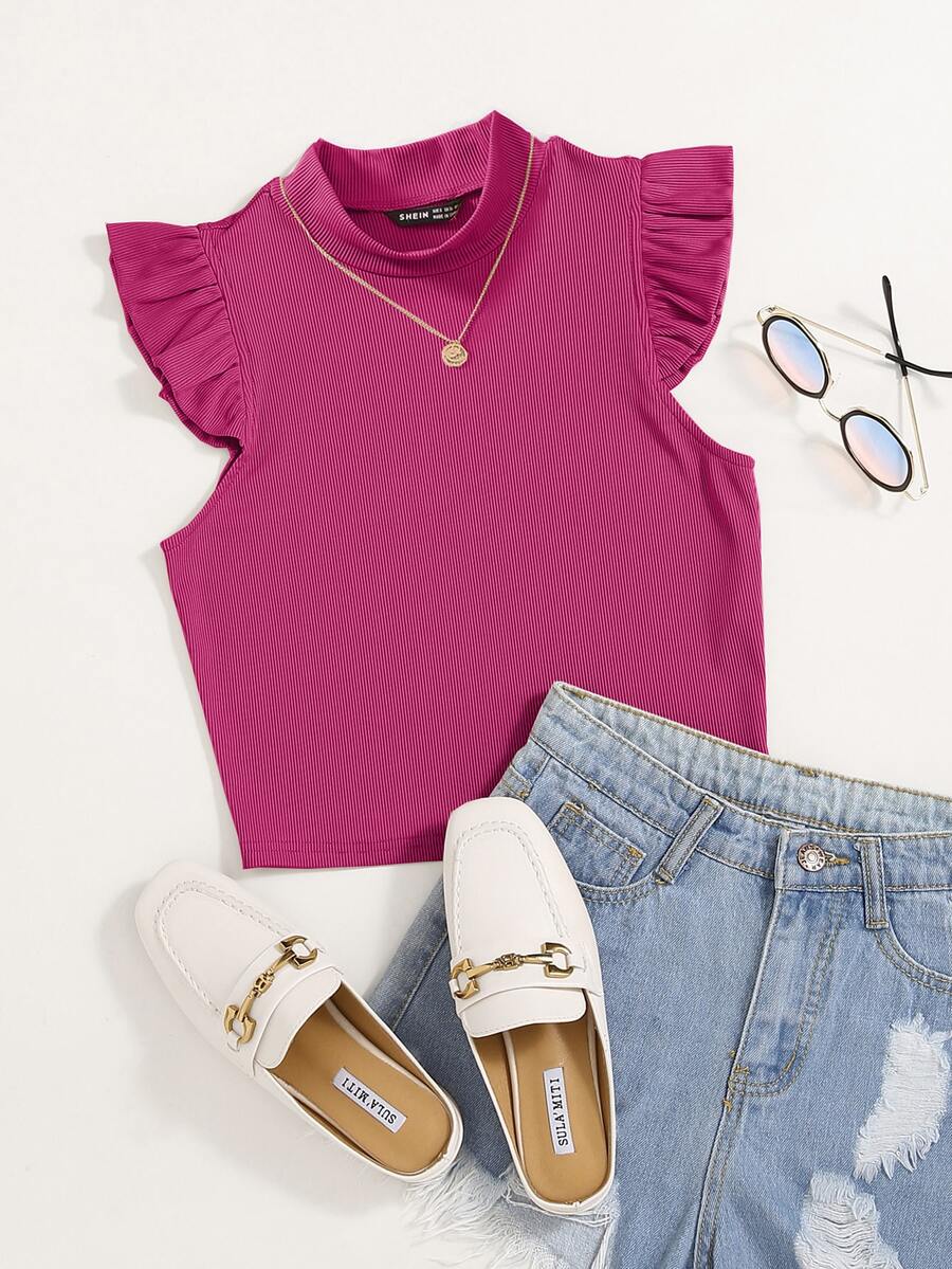 SHEIN Essnce Solid Rib Knit Ruffle Trimed Top - Hot Pink - View 1