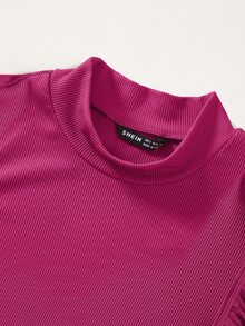 SHEIN Essnce Solid Rib Knit Ruffle Trimed Top - Hot Pink - View 3
