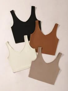 SHEIN Unity Áo hai dây Gân đan màu trơn Giải trí - Nhiều màu - Xem 3