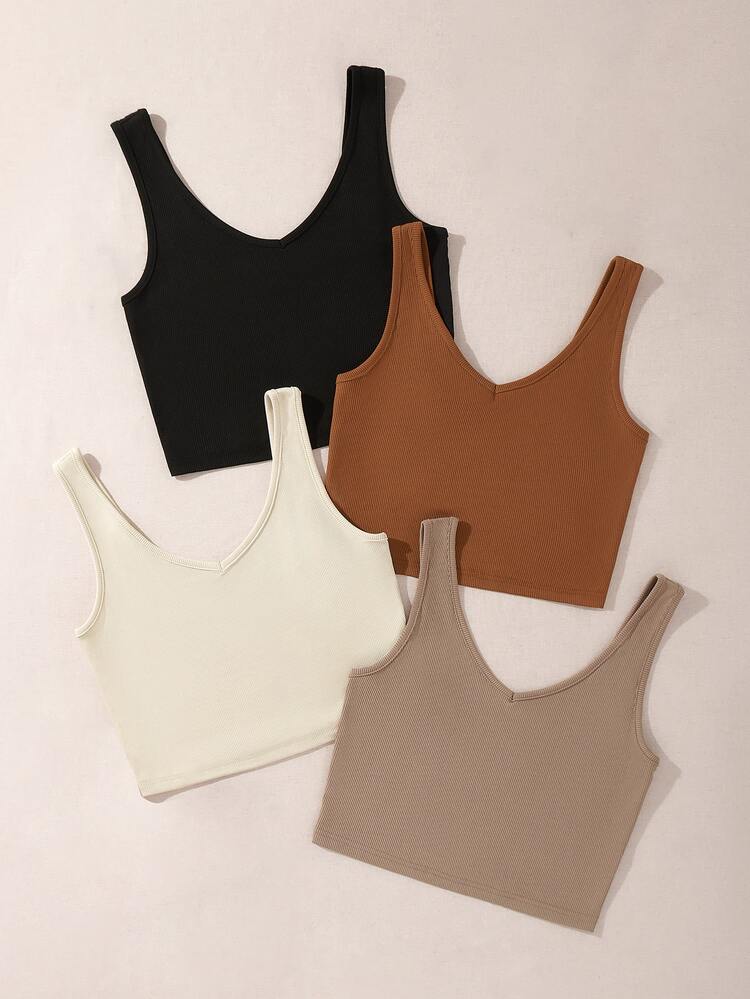 SHEIN Unity Áo hai dây Gân đan màu trơn Giải trí - Nhiều màu - Xem 3